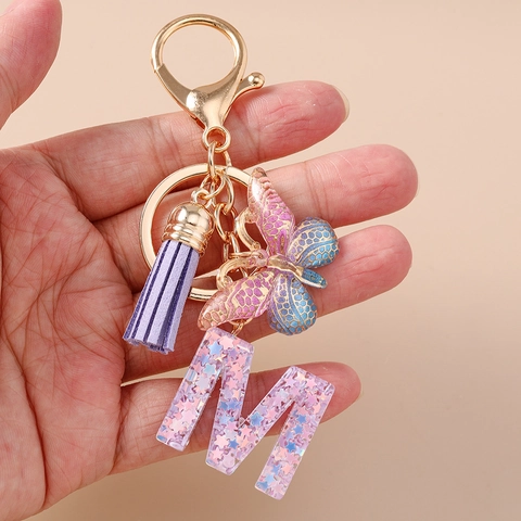 Fashion Purple Resin Alphabet Keychain With Butterfly Tassel Gold Lobster Clasp Glitter Initial Key Ring Bag Pendant For Women