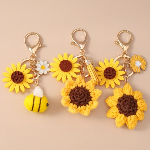 Llavero de Girasol y Abeja Hecho a Mano a Ganchillo Colgante de Bolso de Flor de Punto Abeja de Fieltro y Margarita Regalo de Joyería para Mujeres y Niñas