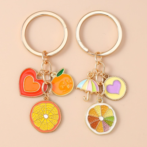 Mode Creatieve Simulatie Fruit Emaille Sleutelhanger Schattig Hart Oranje Paraplu Zinklegering Sleutelring Tas Hanger Cadeau Voor Dames