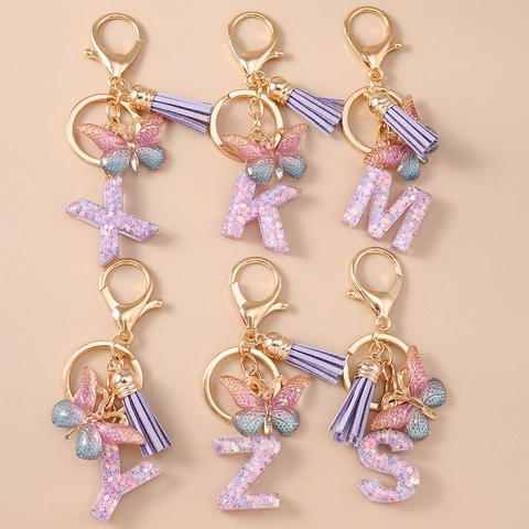 Fashion Purple Resin Alphabet Keychain With Butterfly Tassel Gold Lobster Clasp Glitter Initial Key Ring Bag Pendant For Women