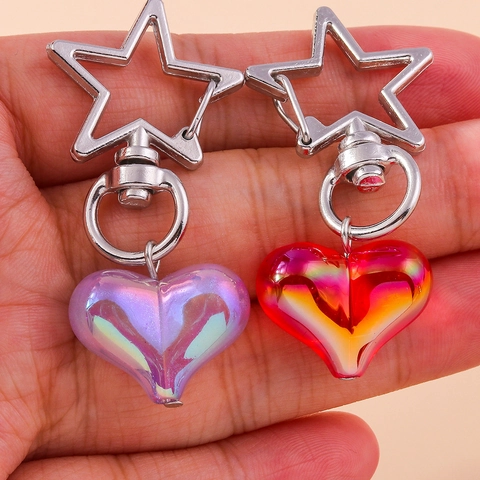 Portachiavi in Resina a Forma di Cuore Moda Gancio a Stella Cangiante Ciondolo Borsa Laser Sfumato Portachiavi Coppia Regalo Donna