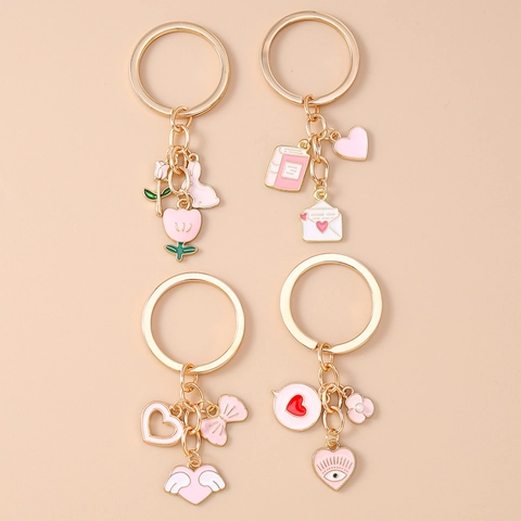 Zoete Roze Emaille Sleutelhanger Zinklegering Konijn Tulp Hart Hanger Tas Accessoire Schattige Sleutelring Voor Dames Meisjes