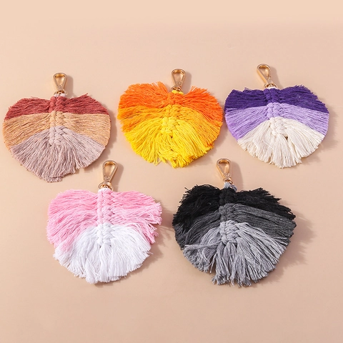Boho Handgemachte Baumwolle Gewebte Blatt Schlüsselanhänger Zinklegierung Quaste Tasche Anhänger Für Damen Ethno Mode Rucksack Schmuck Zubehör