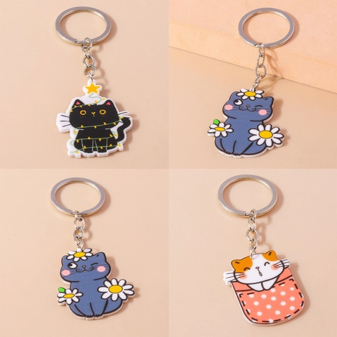 Cute Cartoon Cat Acrylic Keychain Personalized Floral Star Cat Keyring Animal Bag Charm Pendant For Women Kids Gift