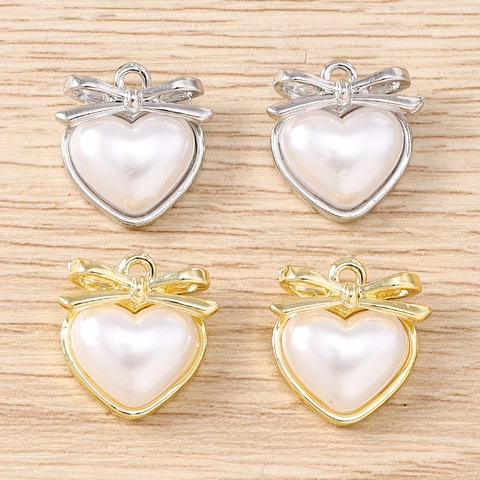 Heart Shape Zinc Alloy Artificial Pearl Pendant With Bow Knot For DIY Jewelry Making Accessories Necklace Keychain Women