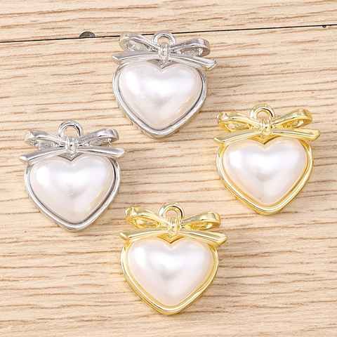 Heart Shape Zinc Alloy Artificial Pearl Pendant With Bow Knot For DIY Jewelry Making Accessories Necklace Keychain Women