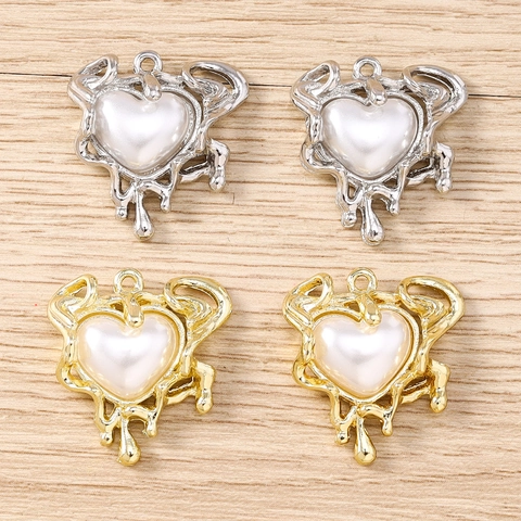 Zinc Alloy Artificial Pearl Liquid Heart Pendants Melting Metal Frame Heart Charms For DIY Necklace Bracelet Jewelry Making Accessories Women DIY