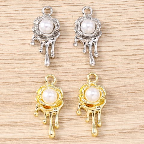 Y2K Sweet Rose Flower Pearl Pendants DIY Liquid Metal Effect Zinc Alloy Artificial Pearl Charms For Jewelry Making