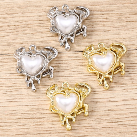Zinc Alloy Artificial Pearl Liquid Heart Pendants Melting Metal Frame Heart Charms For DIY Necklace Bracelet Jewelry Making Accessories Women DIY
