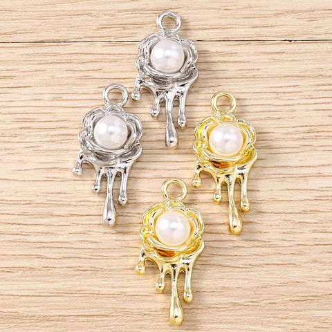 Y2K Sweet Rose Flower Pearl Pendants DIY Liquid Metal Effect Zinc Alloy Artificial Pearl Charms For Jewelry Making