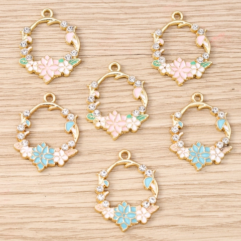 Floral Wreath Pendant Alloy Rhinestone Enamel Flower Charm For DIY Jewelry Making Bracelet Necklace Earring Women Jewelry Accessory