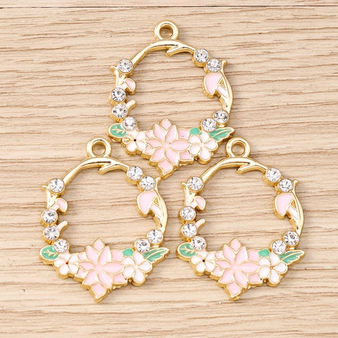 Floral Wreath Pendant Alloy Rhinestone Enamel Flower Charm For DIY Jewelry Making Bracelet Necklace Earring Women Jewelry Accessory