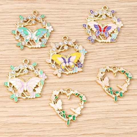 Zinc Alloy Drip Oil Enamel Butterfly Heart Wreath Pendants Rhinestone Flower Charms For DIY Necklace Bracelet Accessory