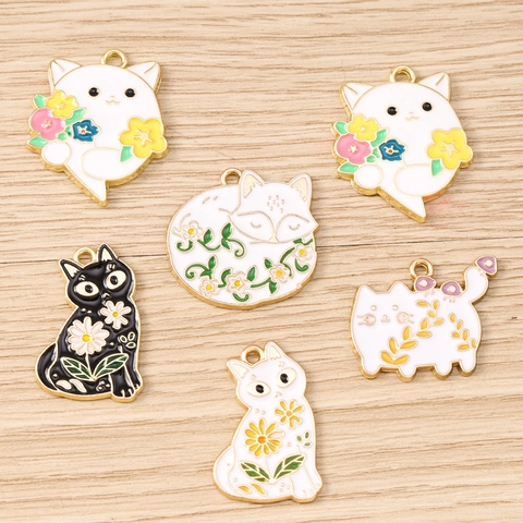10pcs Pack Zinc Alloy Enamel Drip Cat Flower Charms Cute Animal Pendants For DIY Bracelet Necklace Keychain Jewelry Making Accessories