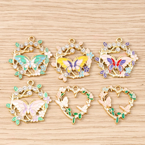 Zinc Alloy Drip Oil Enamel Butterfly Heart Wreath Pendants Rhinestone Flower Charms For DIY Necklace Bracelet Accessory