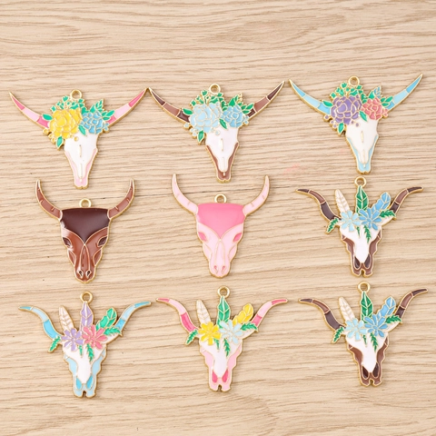 Western Cowboy Bohemian Zinc Alloy Enamel Floral Bull Head Pendant Charms For DIY Necklace Bracelet Jewelry Making Craft