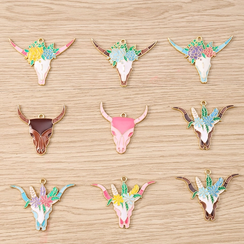 Western Cowboy Bohemian Zinc Alloy Enamel Floral Bull Head Pendant Charms For DIY Necklace Bracelet Jewelry Making Craft