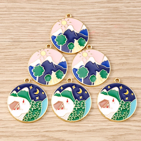 Round Plate Mountain Sun Scenery Enamel Pendants Zinc Alloy Drip Oil Charms For DIY Necklace Bracelet Keyring Accessories