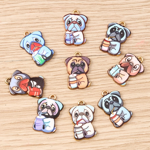 Cartoon Pug Dog Alloy Pendants With Drink And Book Pattern Enamel Charms For DIY Necklace Bracelet Keychain Accessories
