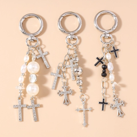 Portachiavi a Croce in Lega d'Argento Gotico Vintage Con Strass e Perla Artificial d'Imitazione Pendente Borsa Religioso per Donna Uomo Regalo