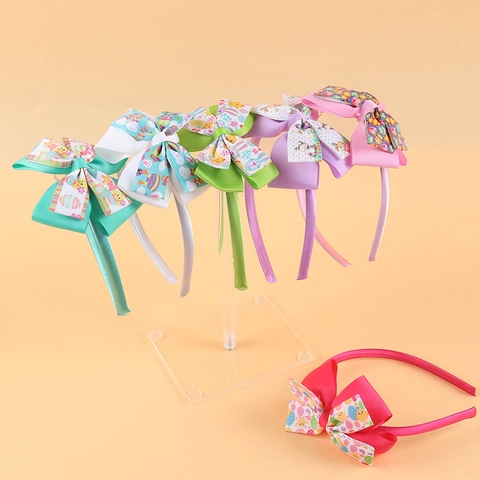 Easter Kids Bow Headband Grosgrain Ribbon Bunny Egg Print Cute Hair Band Girls Holiday Party Hair Accessories Headwear