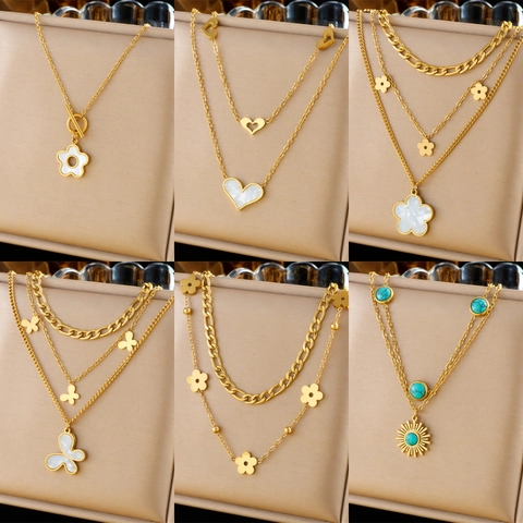 Women Stainless Steel Gold Plated Layered Necklace Shell Flower Heart Butterfly Pendant Turquoise Sun Star Jewelry