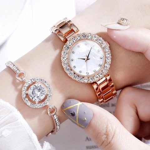 Elegante Legering Strass Dames Quartz Horloge En Armband Set Roségoud Zilver Luxe Polshorloge Met Parelmoer Wijzerplaat