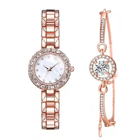 Elegante Legering Strass Dames Quartz Horloge En Armband Set Roségoud Zilver Luxe Polshorloge Met Parelmoer Wijzerplaat