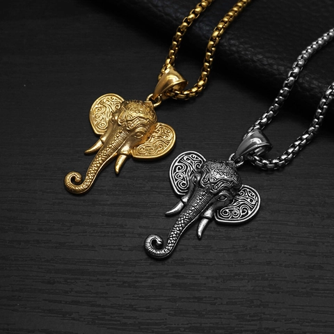 Vintage Stainless Steel Elephant Head Pendant Necklace For Men Punk Hip Hop Style Carved Ganesha Jewelry Gold Silver Distressed Box Chain
