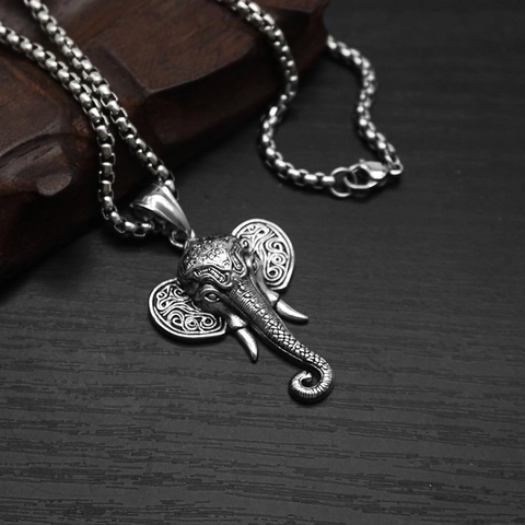 Vintage Stainless Steel Elephant Head Pendant Necklace For Men Punk Hip Hop Style Carved Ganesha Jewelry Gold Silver Distressed Box Chain