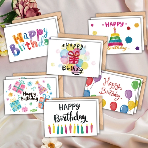 Happy Birthday Greeting Cards And Envelopes White Cardstock Paper Printed Colorful Pattern Blank Inside Message Card