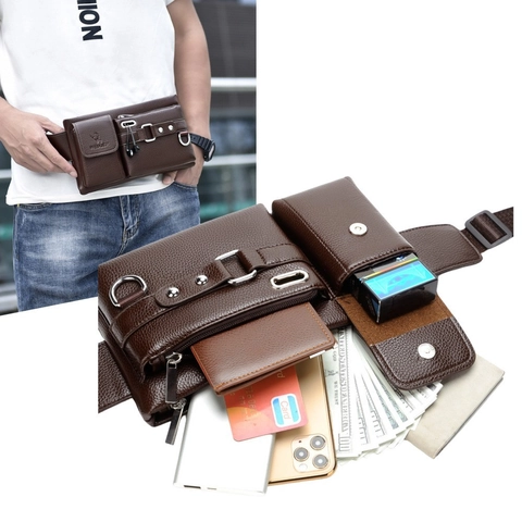 Men Waterproof PU Leather Waist Bag Multi-Pocket Crossbody Chest Bag With Headphone Hole Litchi Texture Outdoor Sports Pack