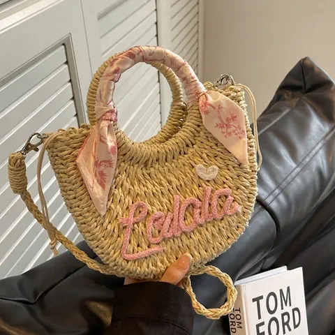 Damen Strohhandtasche Mit Satinnschal-Griff Und Buchstabenstickerei Lässige Sommer Strand Umhängetasche