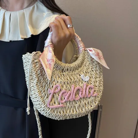 Damen Strohhandtasche Mit Satinnschal-Griff Und Buchstabenstickerei Lässige Sommer Strand Umhängetasche
