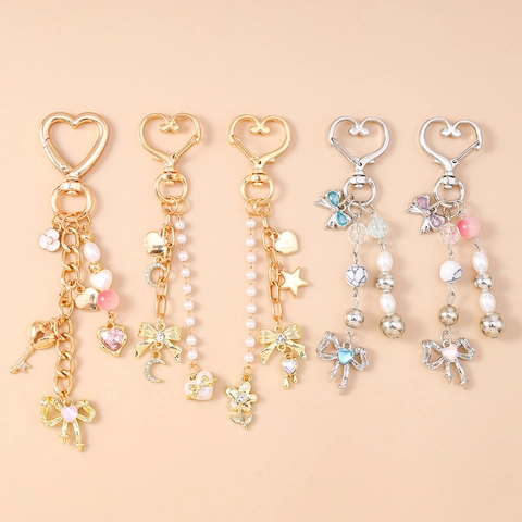Süßes Herz Schleife Künstliche Perle Künstliche Perlen Schlüsselanhänger Damen Legierung Strass Stern Mond Blume Tasche Anhänger Mode Schmuck Geschenk