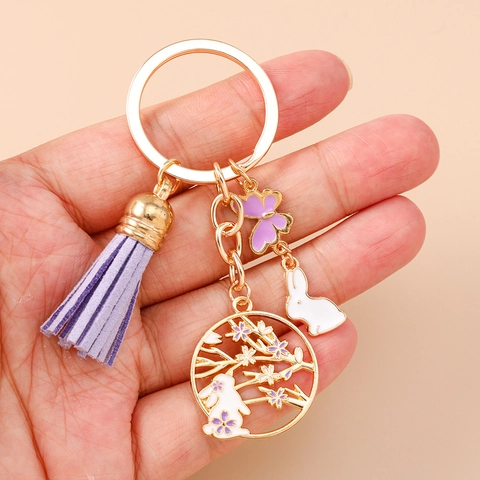 Japanse Stijl Emaille Konijn Bloem Vogel Sleutelhanger Holle Goud Legering Sleutelring Kwastje Hart Hanger Voor Vrouwen Tas