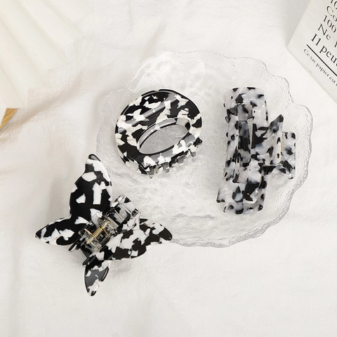 Acetate Black And White Marbled Butterfly Hair Claw Clip Elegant Hollow Out Geometric Shark Clip For Women Daily Styling