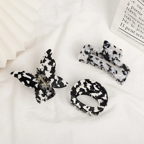 Acetate Black And White Marbled Butterfly Hair Claw Clip Elegant Hollow Out Geometric Shark Clip For Women Daily Styling