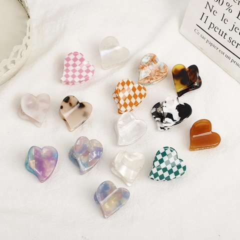 Lindas Pinzas para el Cabello de Acetato en Forma de Corazón para Mujeres Niñas Dulce Fresco Tablero de Ajedrez Mármol Carey Accesorios para el Cabello