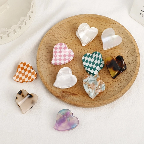 Lindas Pinzas para el Cabello de Acetato en Forma de Corazón para Mujeres Niñas Dulce Fresco Tablero de Ajedrez Mármol Carey Accesorios para el Cabello