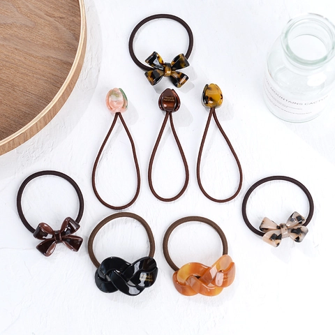 French Vintage Acetate Hair Tie For Women Bow Flower Pattern Tortoiseshell Amber Black Elastic Hair Band Elegant Handmade Hair Accessories