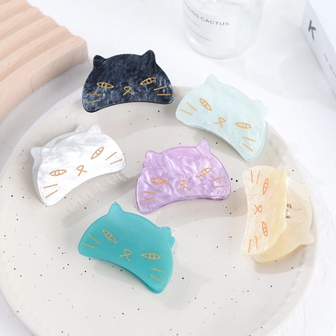 Simpatica Molla per Capelli in Acrilico a Forma di Gatto per Donna Ragazza Stile Animale Minimalista con Dettagli a Linee Dorate Accessori per Capelli