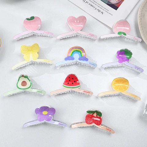 Large Acrylic Hair Claw Clip For Women Fruit Pattern Sweet Heart Rainbow Shark Clip Fashion Sweet Hair Accessories