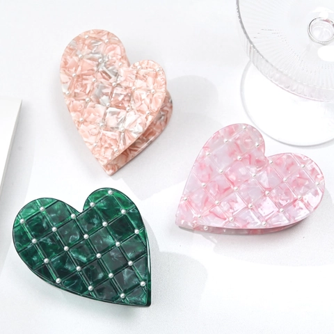 Pinza para el Cabello de Corazón de Acetato Vintage Francés Con Perlas Artificiales Rosa Verde Menta Textura Mármol para Mujer