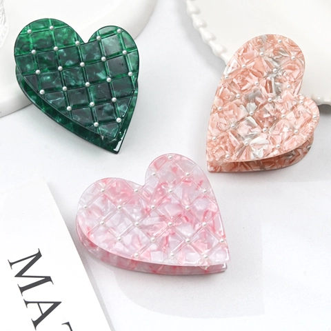 Pinza para el Cabello de Corazón de Acetato Vintage Francés Con Perlas Artificiales Rosa Verde Menta Textura Mármol para Mujer