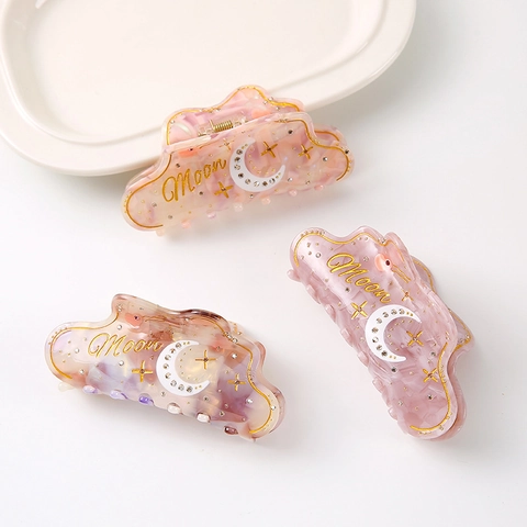 Pince à Cheveux Romantique en Acétate Lune et Étoile pour Femmes Forme de Nuage Élégante Effet Marbre Strass Bijoux de Cheveux