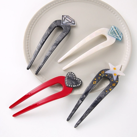 Forcina per Capelli a Forma di U in Acetato Minimalista Coreano Elegante Motivo Cuore Stella Diamante Intarsiato con Strass per Donna