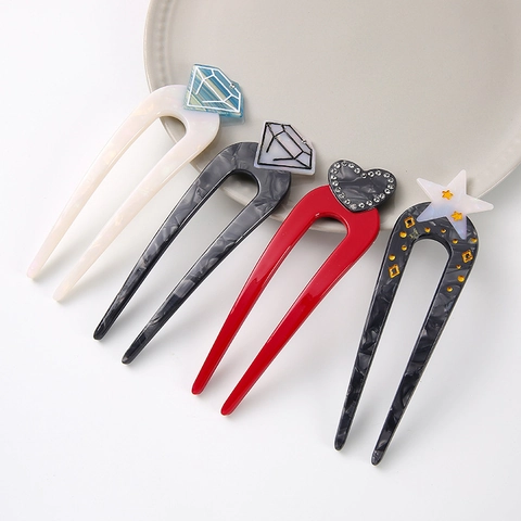 Forcina per Capelli a Forma di U in Acetato Minimalista Coreano Elegante Motivo Cuore Stella Diamante Intarsiato con Strass per Donna