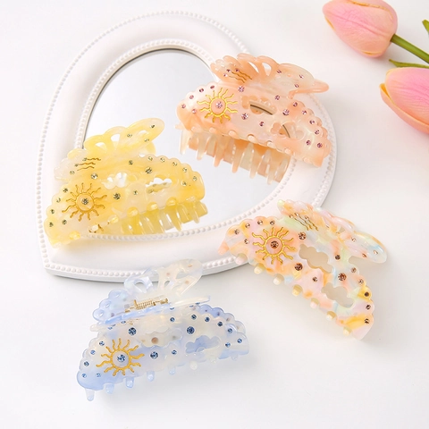 Vintage Acetate Butterfly Hair Claw Clip With Sun Pattern Rhinestone Embellished Elegant Shark Clip For Women Daily Styling
