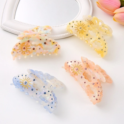 Vintage Acetate Butterfly Hair Claw Clip With Sun Pattern Rhinestone Embellished Elegant Shark Clip For Women Daily Styling